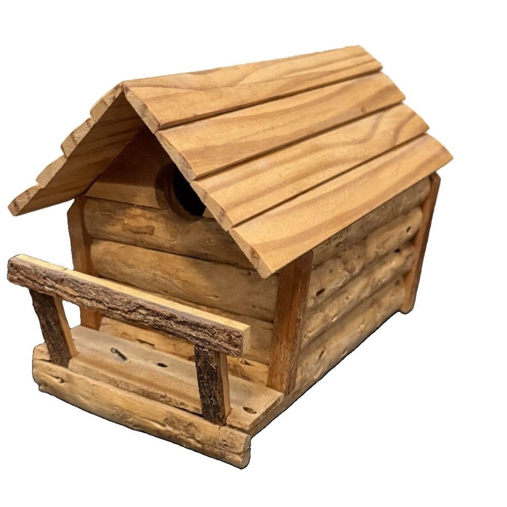 NWOT Handmade Rustic Log Cabin Wooden Bird House with Porch 9"x6"x8"